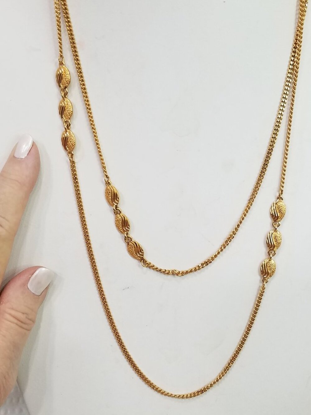 Vintage Signed Monet Gold Tone Textured Disk 54" Station Necklace Cuban Link